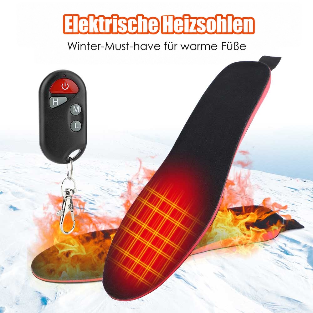 Beheizte Sohlen mit leuchtendem Heizgitter und Fernbedienung vor winterlicher Schneelandschaft mit Flammen 8