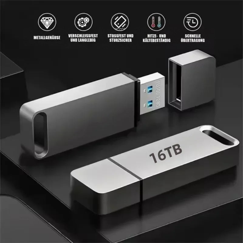 Metallgehäuse-Stick mit abgezogener Kappe und freiliegendem Stecker, darüber Symbole zu Robustheit und Geschwindigkeit 5