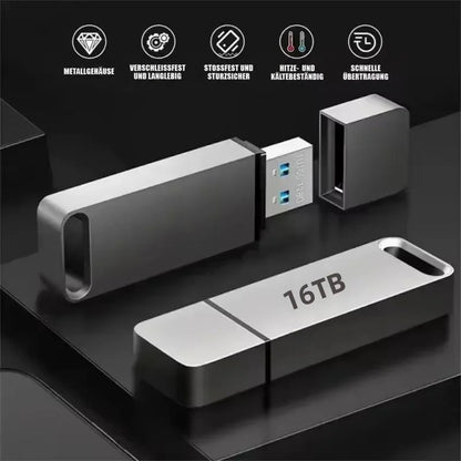 Metallgehäuse-Stick mit abgezogener Kappe und freiliegendem Stecker, darüber Symbole zu Robustheit und Geschwindigkeit 5