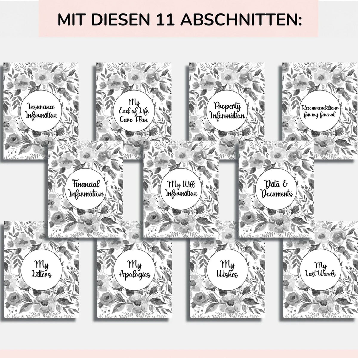 Raster mit elf blumengemusterten Trennblättern der Rubriken, darunter Versicherung, Pflegeplan, Immobilien, Trauerfeier, Finanzen, Testament, Briefe, Entschuldi 8