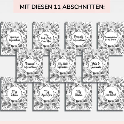 Raster mit elf blumengemusterten Trennblättern der Rubriken, darunter Versicherung, Pflegeplan, Immobilien, Trauerfeier, Finanzen, Testament, Briefe, Entschuldi 8