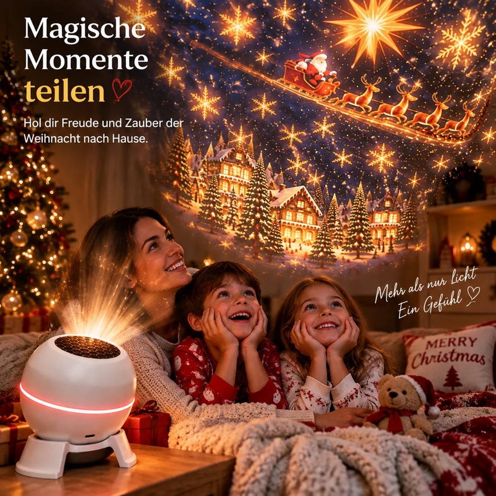 Mutter und zwei staunende Kinder im Pyjama betrachten auf dem Sofa die Weihnachtsprojektion des Projektors 6