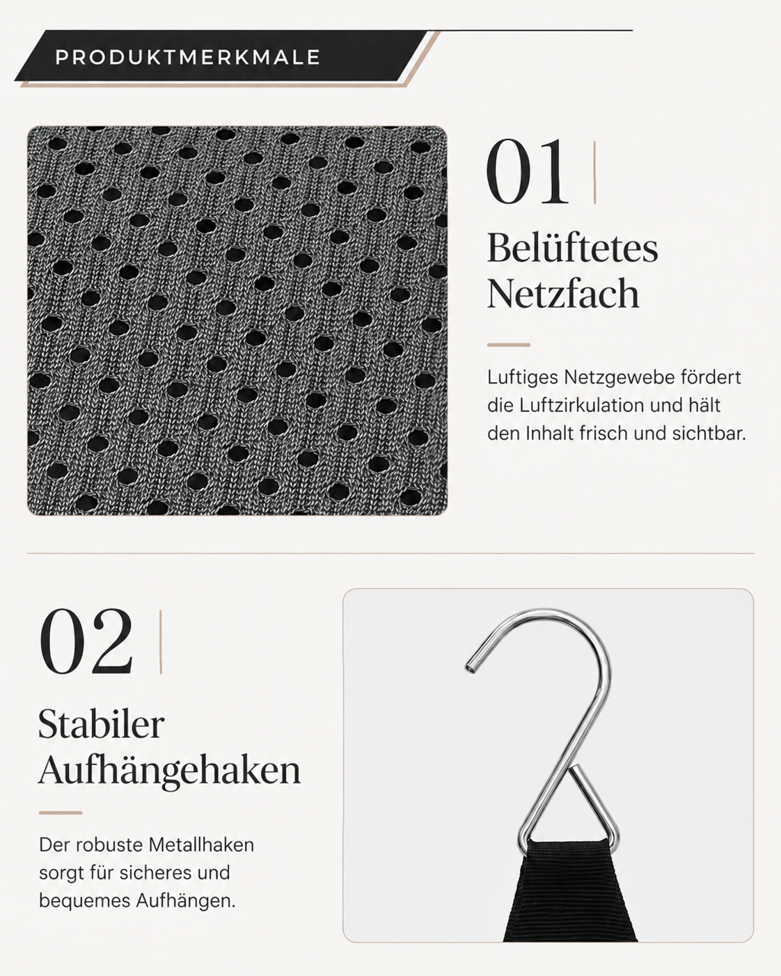 Nahaufnahmen von grauem, gelochtem Netzstoff und einem metallenen Aufhängehaken mit schwarzem Gurtband 6