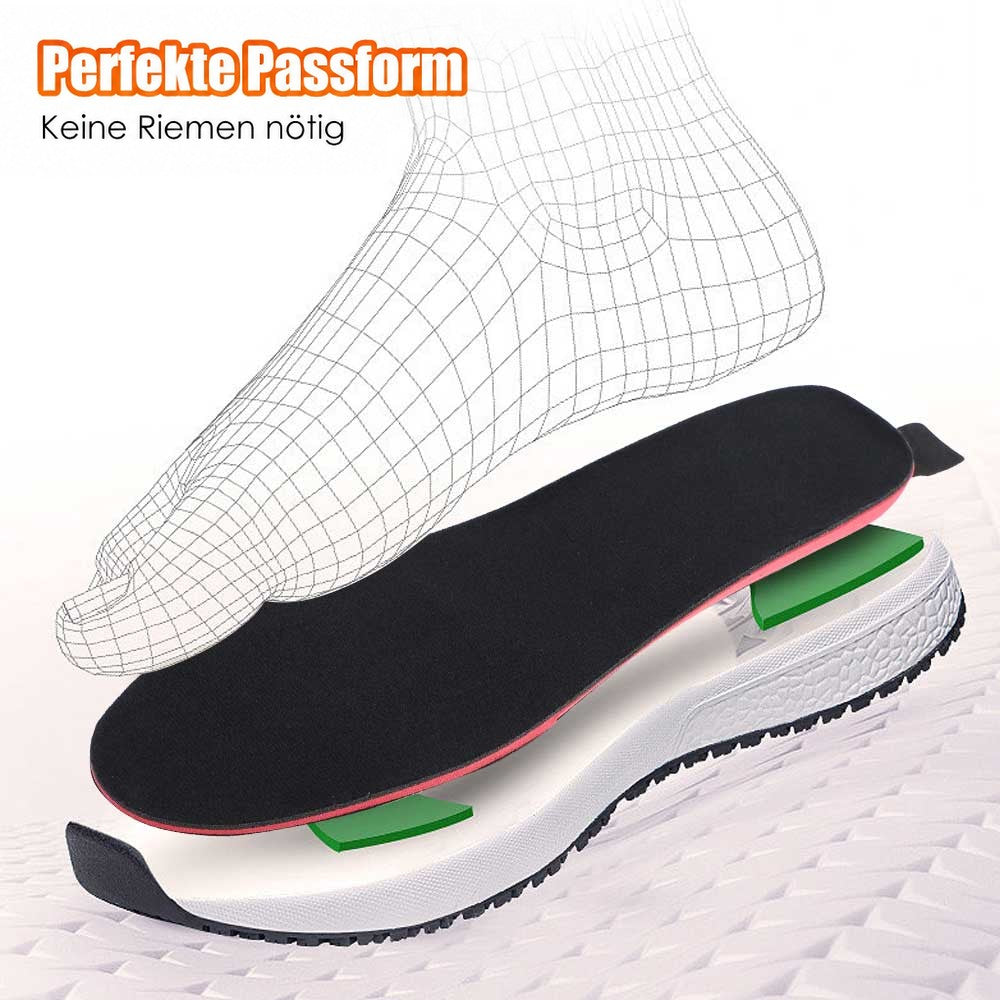 Drahtgitter-Fuß schwebt über der Sohle, die in einem weißen Sportschuh liegt, ganz ohne Riemen 10