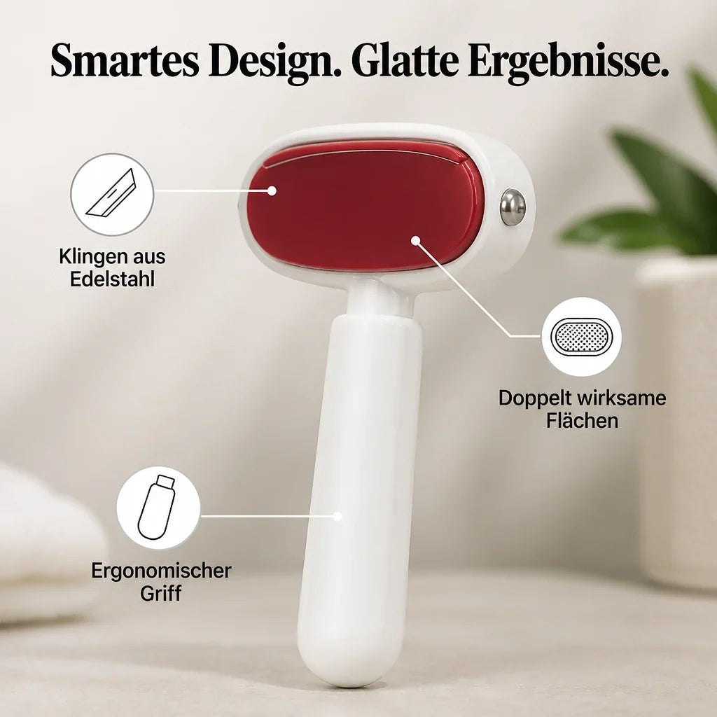 Weiß-roter Hornhautentferner vor hellem Hintergrund mit Symbolen zu Klingen, beiden Seiten und ergonomischem Griff 3