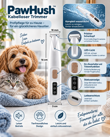 Produktgrafik des weißen Trimmers mit Maßen und beschrifteten Details wie Klinge, LED-Licht, Display und Ladeanschluss 6