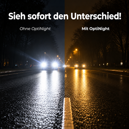 Vergleichsbild einer nächtlichen, nassen Straße: links grelle, blendende Scheinwerfer, rechts warm getönte Sicht mit deutlich weniger Blendung. 2