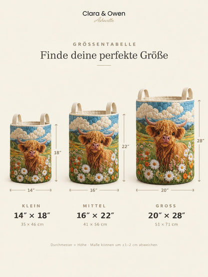 Größenübersicht der drei Korbvarianten klein, mittel und groß nebeneinander, mit Maßpfeilen für Durchmesser und Höhe. 6