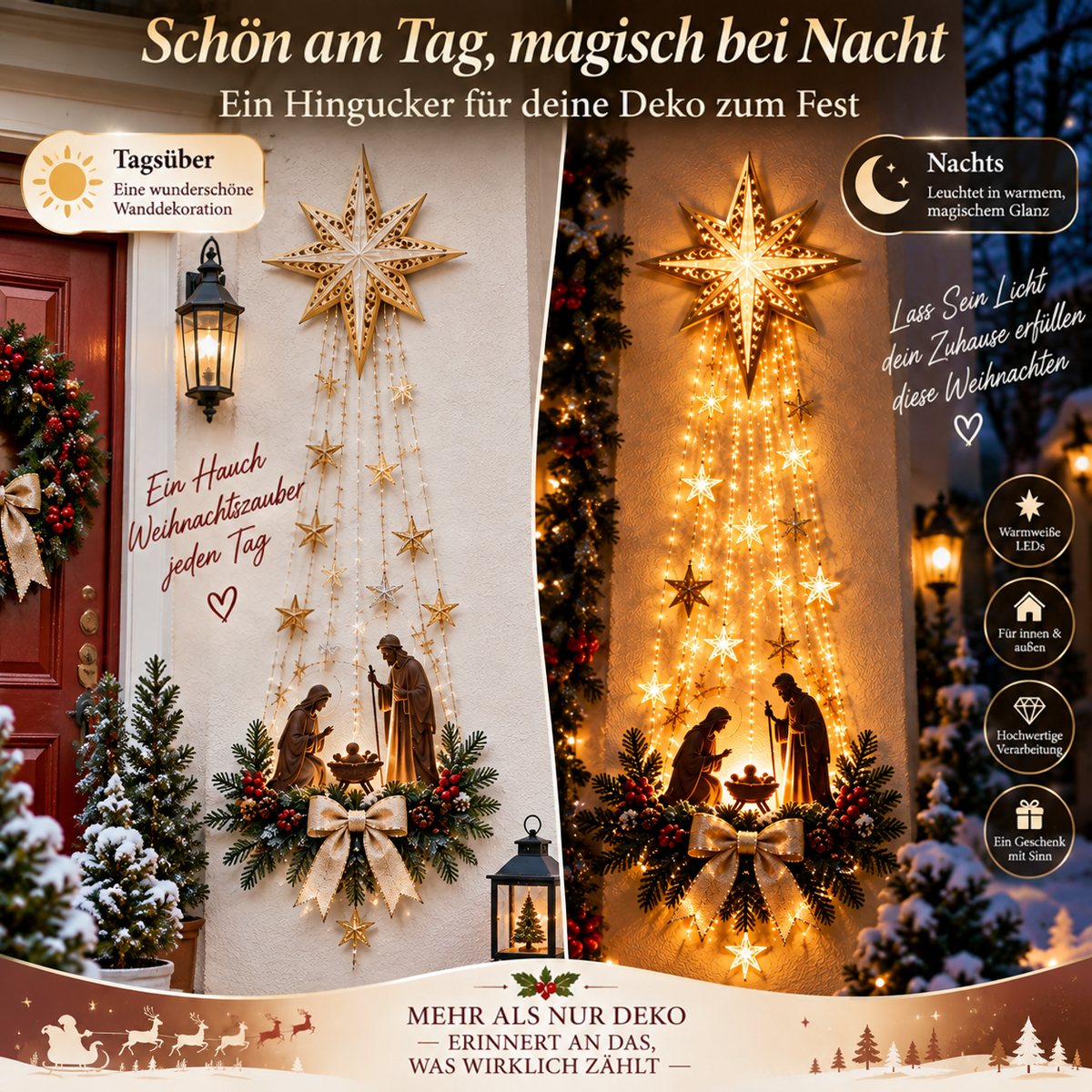 Vergleich links bei Tag und rechts bei Nacht: Dekoration an der Hauswand, nachts warm leuchtend 5