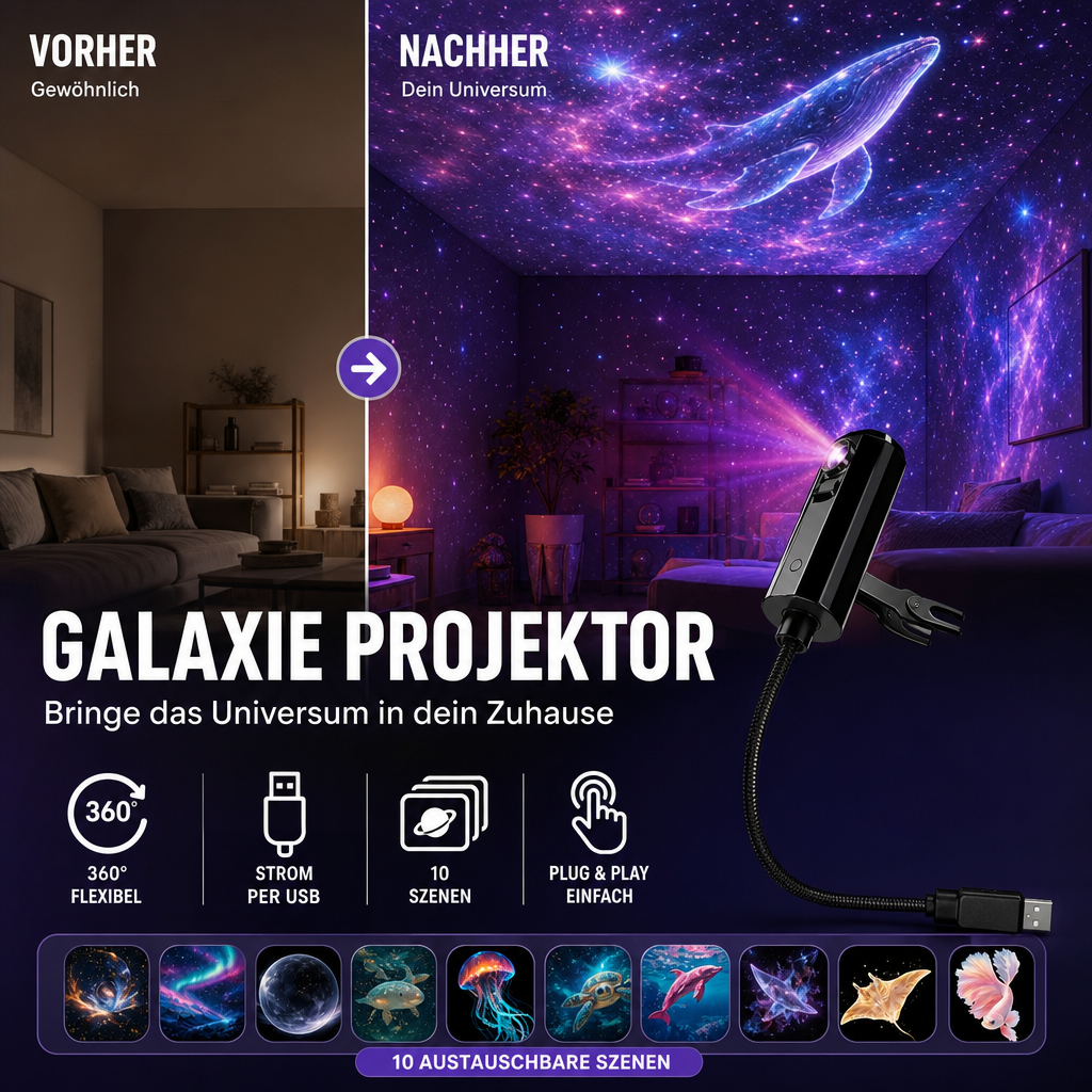 Wohnzimmer vorher und nachher mit violetter Galaxie-Projektion samt Wal, Projektor mit USB-Arm und zehn Motiven unten 4