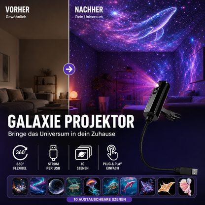 Wohnzimmer vorher und nachher mit violetter Galaxie-Projektion samt Wal, Projektor mit USB-Arm und zehn Motiven unten 4