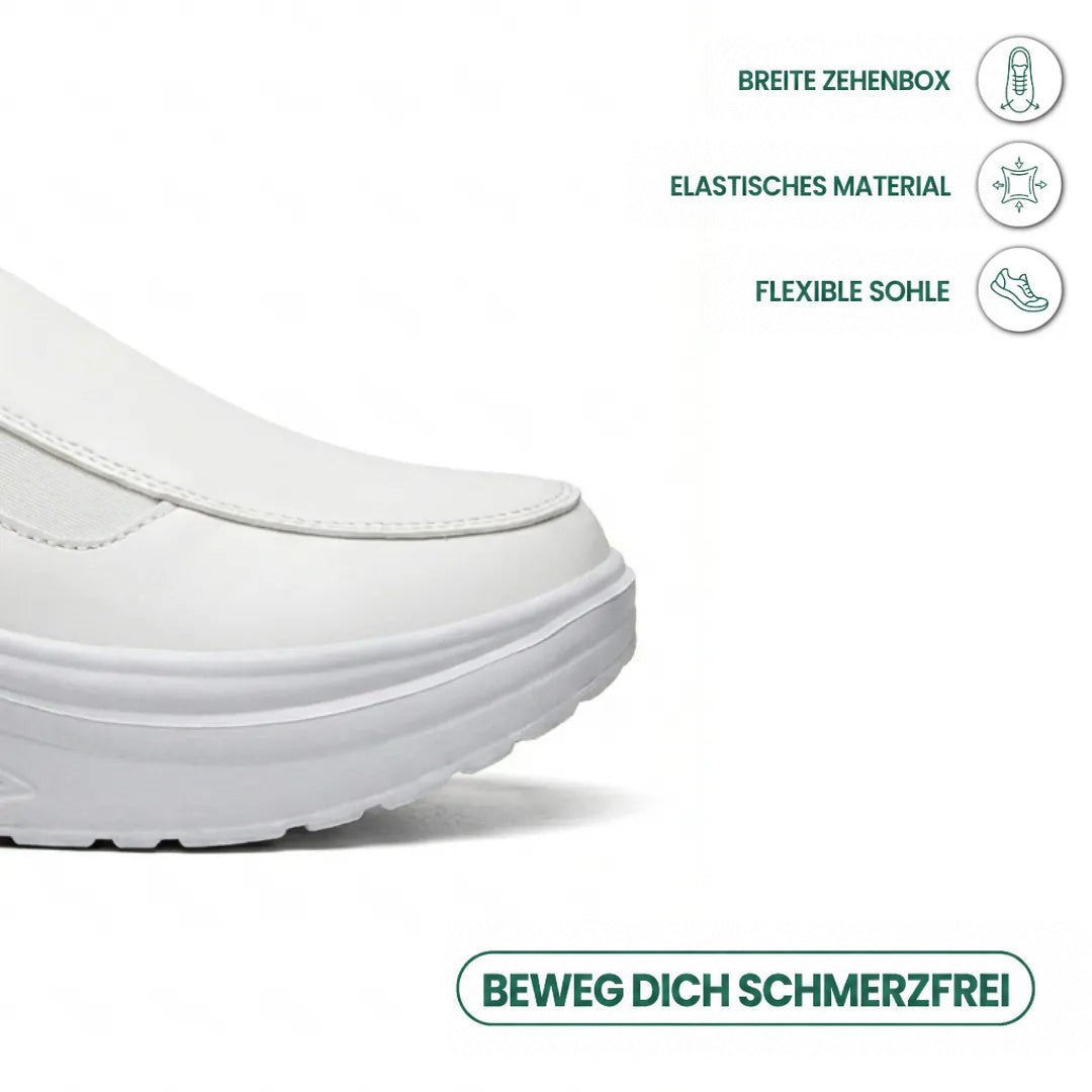 Weiße Schuhspitze im Detail mit Gummizug, daneben Symbole zu breiter Spitze und flexibler Sohle 14