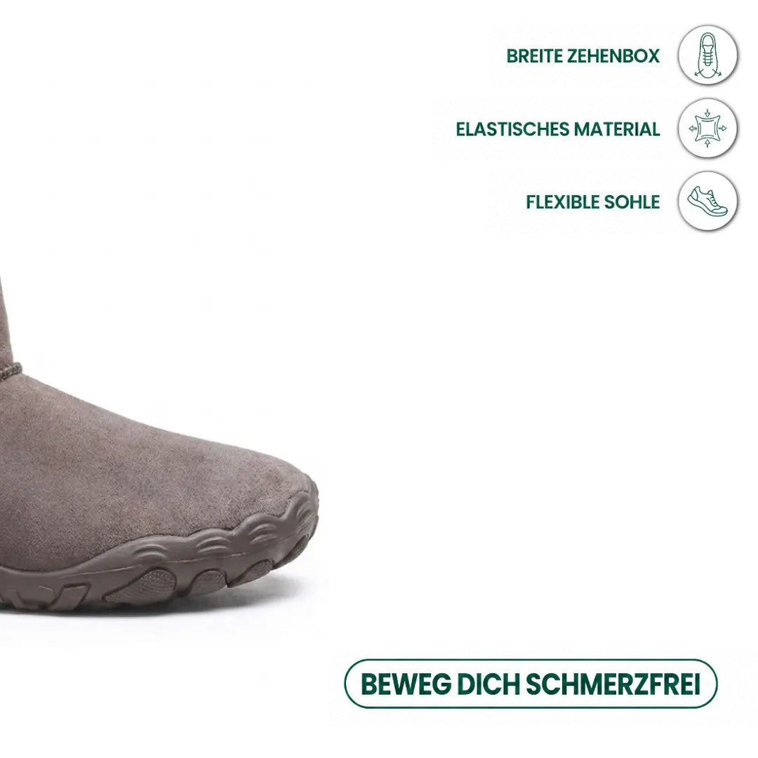 Vorderer Teil eines graubraunen Wildlederstiefels mit breiter Zehenbox und flexibler Sohle, daneben Symbole zu den 41