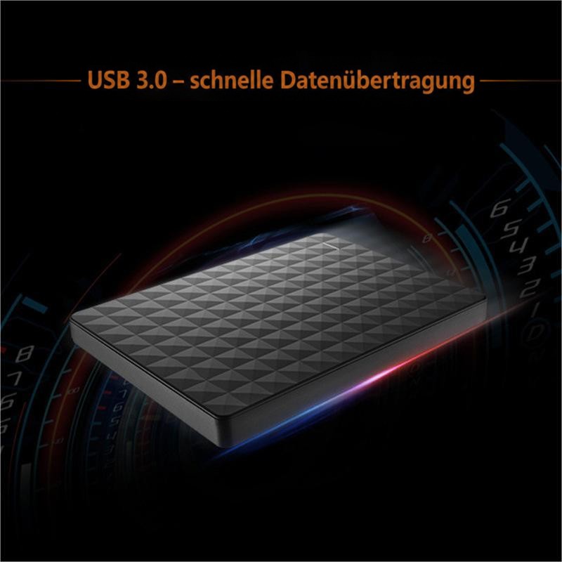 Festplatte schwebt vor dunklem Hintergrund mit Tachometer-Grafik, die schnelle Datenübertragung per USB 3.0 andeutet 4