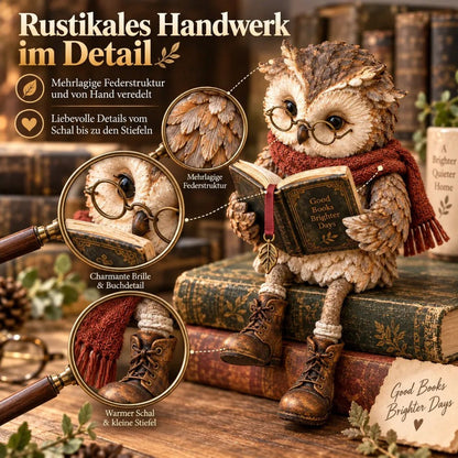 Collage mit Lupen-Vergrößerungen von Federstruktur, Brille, Buch, Schal und Stiefeln der Eulenfigur auf alten Büchern. 4