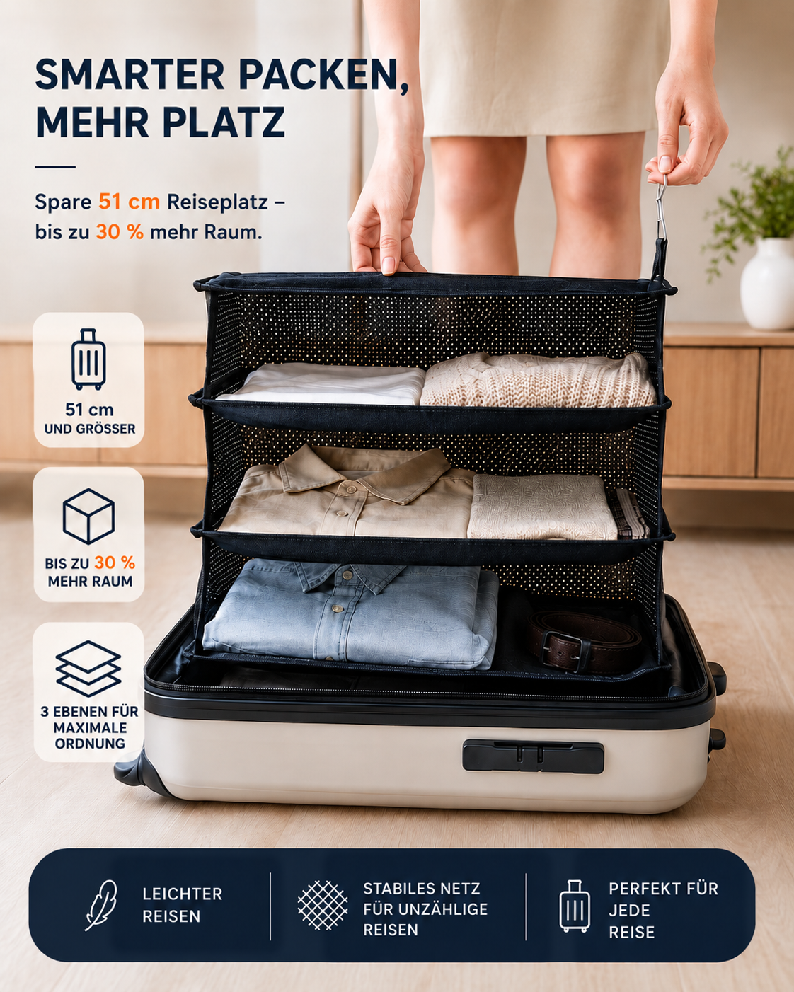 Frau zieht den Organizer mit gefalteter Kleidung auf den Ablagen aus einem geöffneten Koffer 3