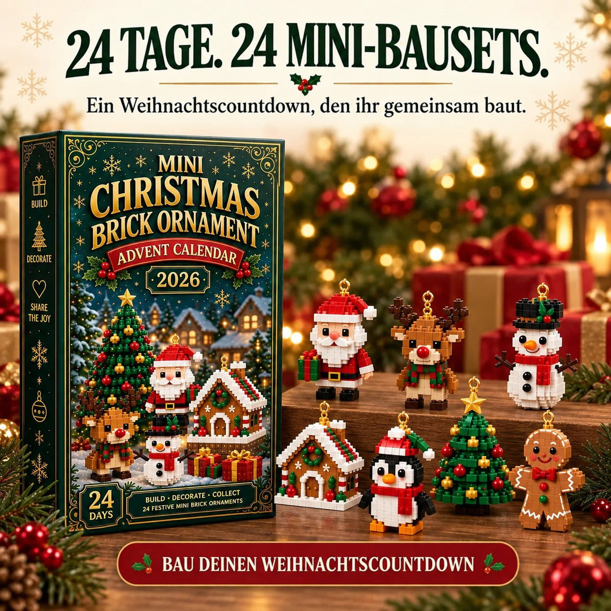 Schachtel neben acht gebauten Figuren auf einer Holzstufe: Weihnachtsmann, Rentier, Schneemann, Lebkuchenhaus, Pinguin, Tannenbaum und Lebkuchenmann. 8