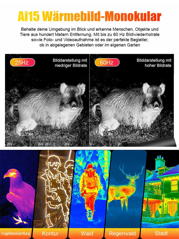 Vergleich zweier Wärmebilder eines Wildschweins bei niedriger und hoher Bildrate, darunter farbige Wärmebilder von Vogel 4