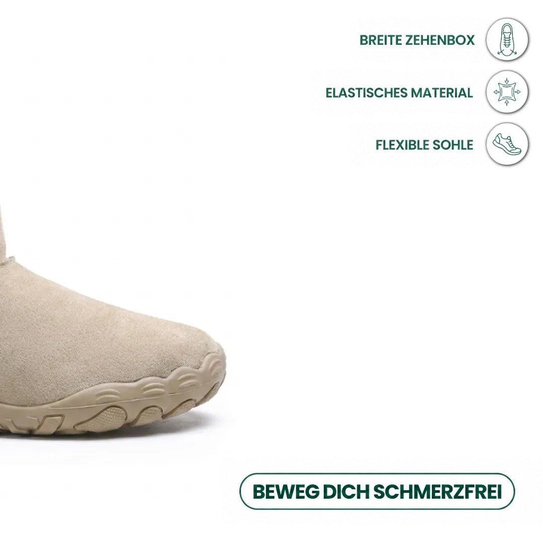 Stiefelspitze mit Sohle in Beige, daneben Symbole zu breiter Zehenbox, elastischem Material und flexibler Sohle 5