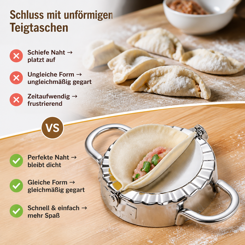 Vergleich: oben unregelmäßig geformte Teigtaschen von Hand, unten die gefüllte Edelstahlform mit sauber gefaltetem Teig. 2