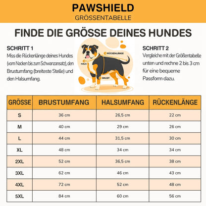 Größentabelle mit Skizze eines Hundes und Anleitung zum Messen von Rücken, Nacken und Brust, aufgelistet von S bis 5XL. 10