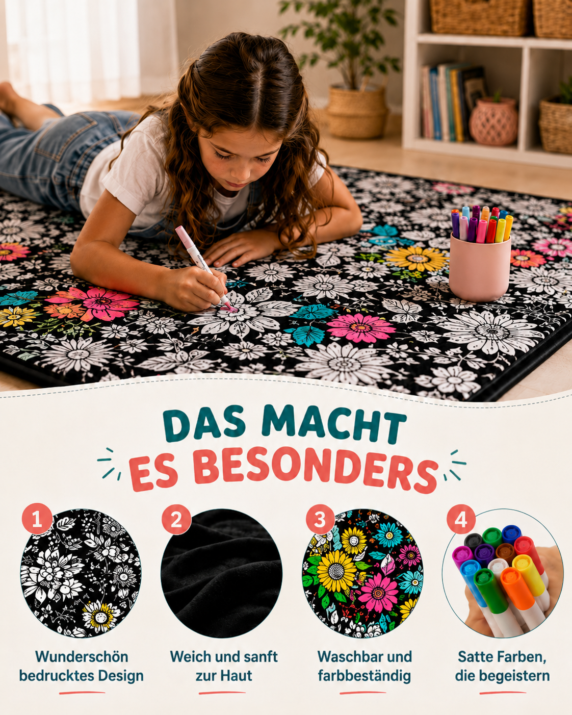 Mädchen malt bäuchlings die Blumen auf der Decke mit Stoffmarkern aus, darunter vier Detailkreise 6