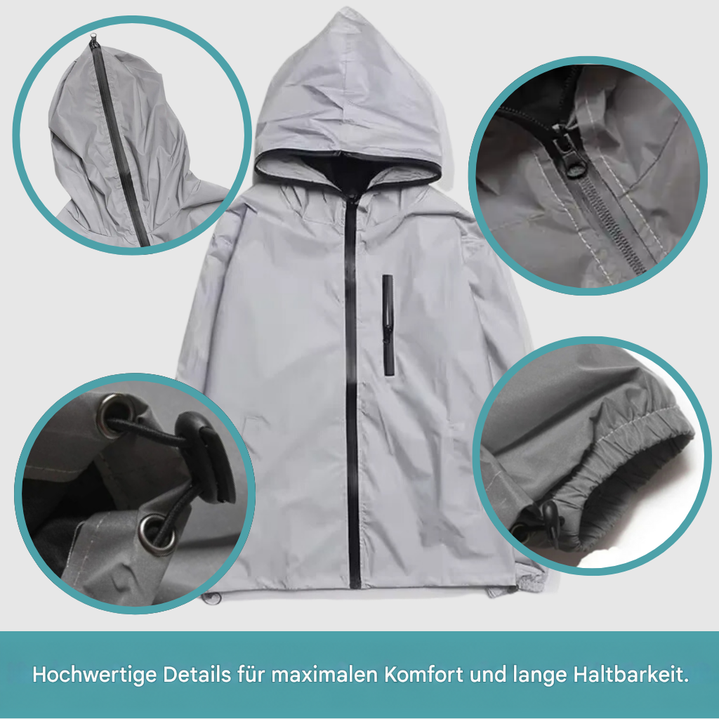 Collage mit vier Detailkreisen: Kapuzenreißverschluss, Frontreißverschluss, Saumzug mit Ösen und elastischer Ärmelbund 5
