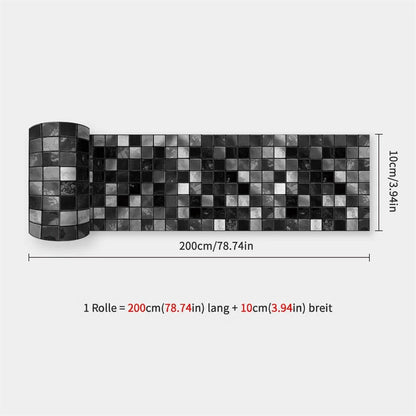Aufgerollter Streifen mit schwarz-grauem Mosaikmuster, daneben die Maße 10 cm Breite und 200 cm Länge 61