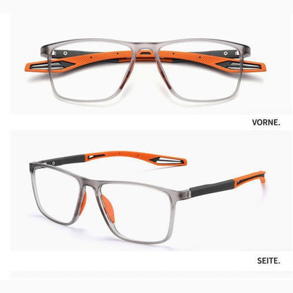 Graue Brille mit orangefarbenen Bügeln, oben Frontansicht, unten Seitenansicht 7