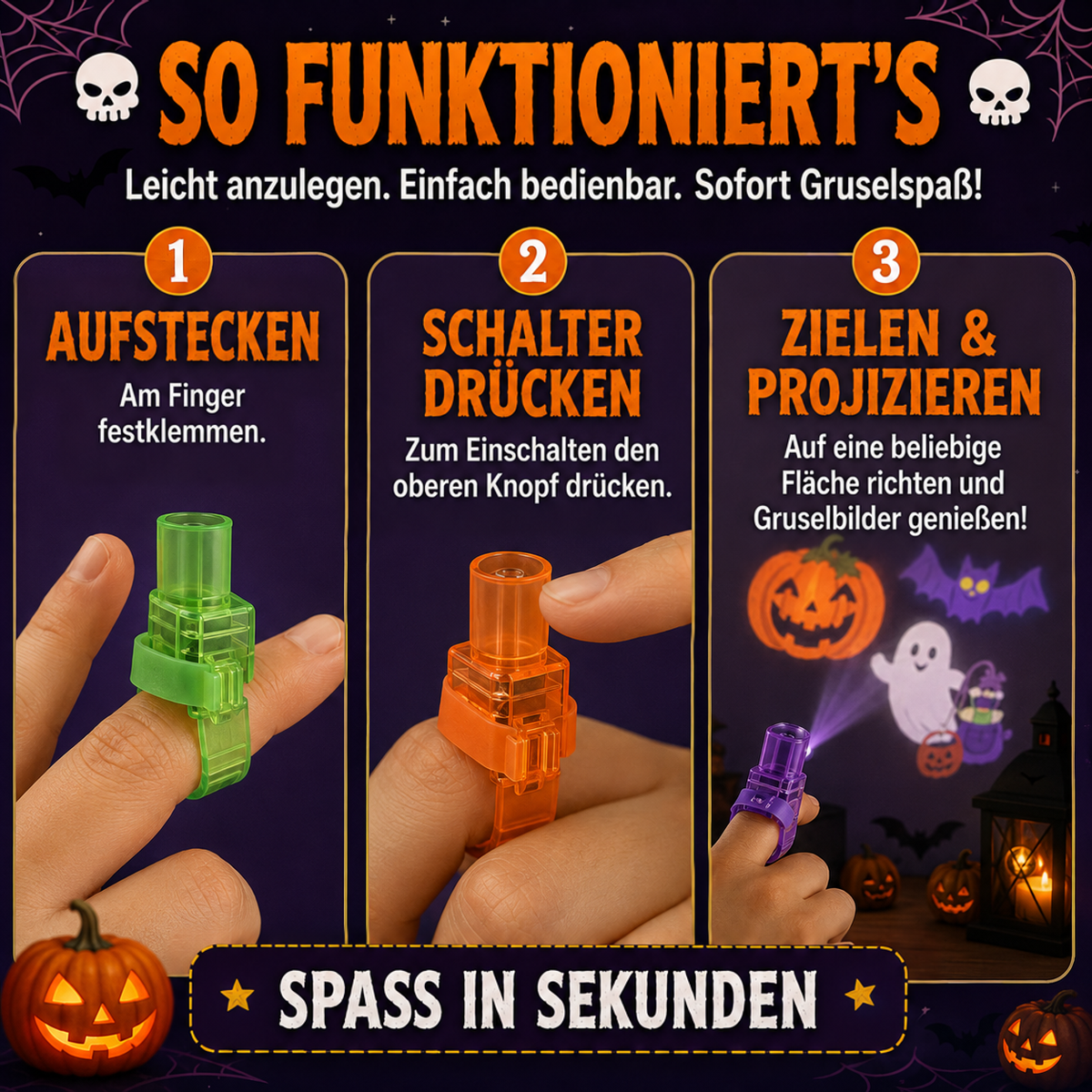 Dreistufige Anleitung: Licht am Finger anclipsen, oben den Schalter drücken, dann Motive an die Wand projizieren 9