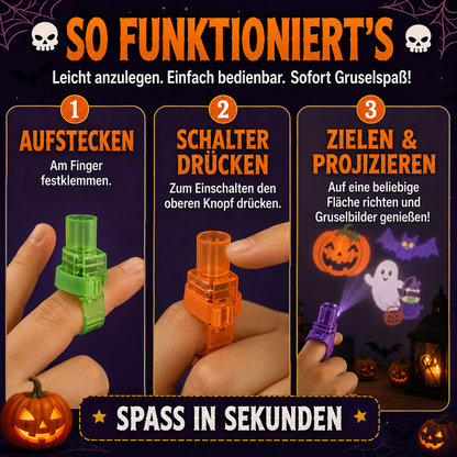 Dreistufige Anleitung: Licht am Finger anclipsen, oben den Schalter drücken, dann Motive an die Wand projizieren 9