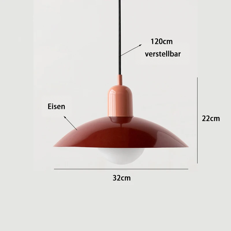 Maßgrafik der Pendelleuchte mit Angaben zu Höhe, Schirmdurchmesser, verstellbarem Kabel und Eisenschirm 13