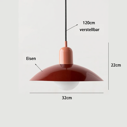 Maßgrafik der Pendelleuchte mit Angaben zu Höhe, Schirmdurchmesser, verstellbarem Kabel und Eisenschirm 13