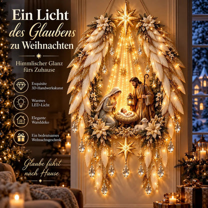 Ovale Variante mit weißen Federflügeln, Krippenszene, Kristallanhängern und warmem Licht an einer Wand im Wohnzimmer 2