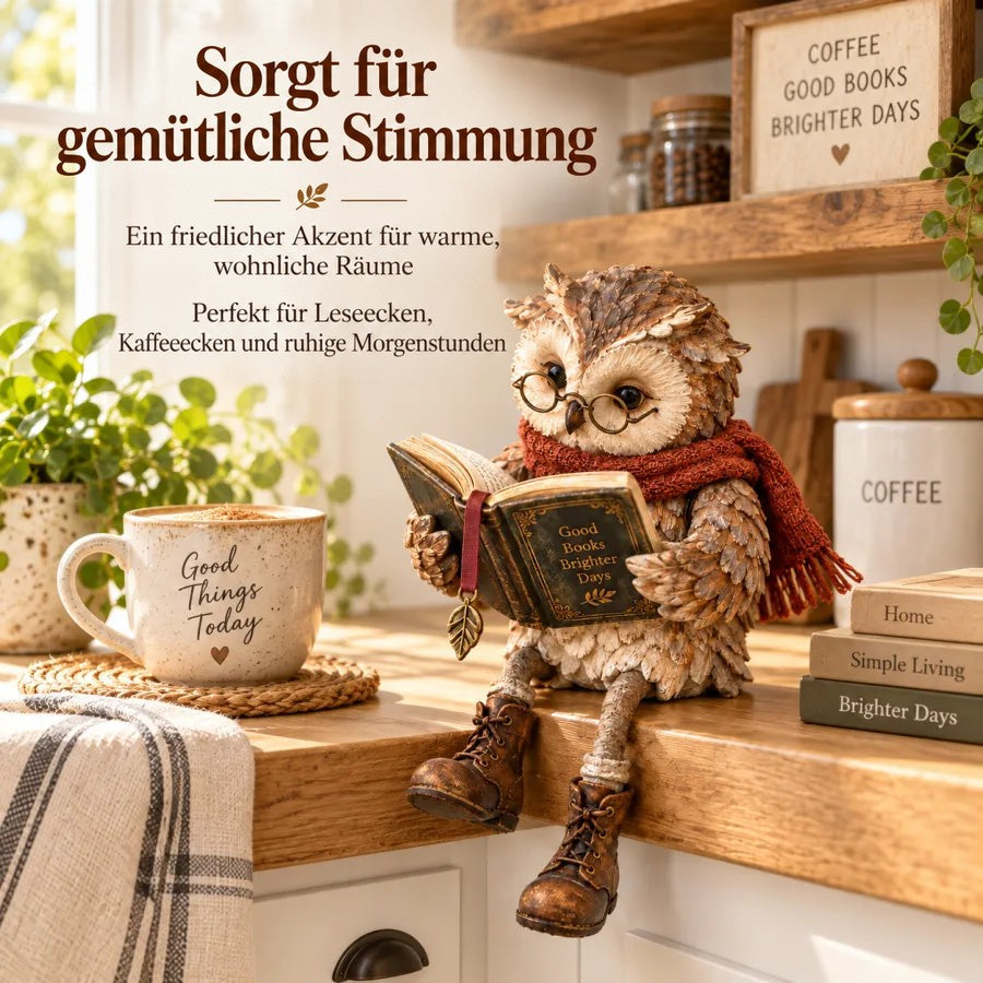 Eulenfigur auf einer Küchenarbeitsplatte neben Kaffeetasse und Vorratsglas, mit Text zur gemütlichen Atmosphäre in Lese- und Kaffeeecken. 6