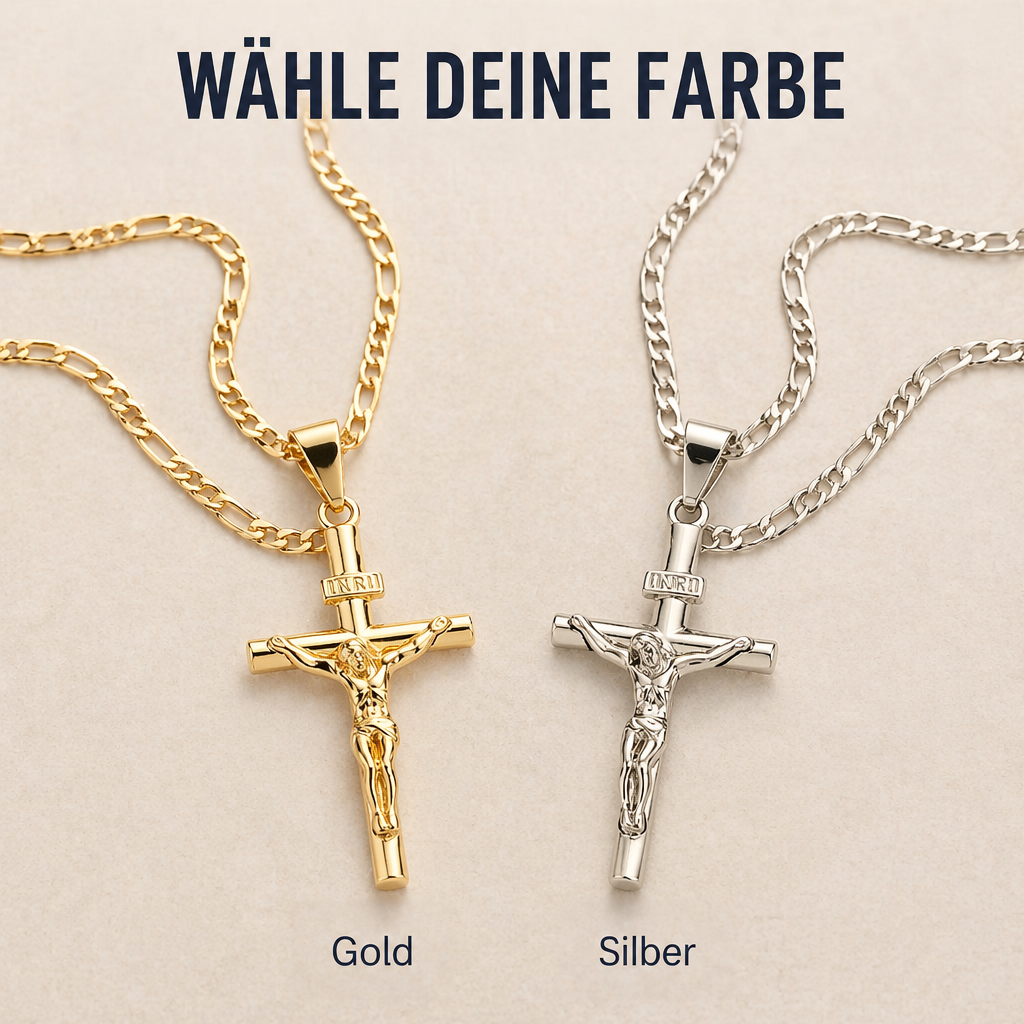 Der Kruzifix-Anhänger mit Figarokette nebeneinander in Gold und Silber als Farbauswahl auf hellem Untergrund 8