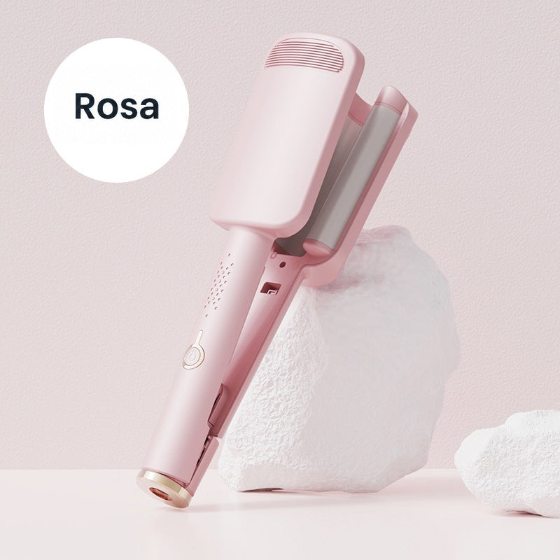 Rosa Wellenstyler mit geöffneten Wellenplatten, schräg an einen weißen Stein gelehnt vor rosa Hintergrund 9