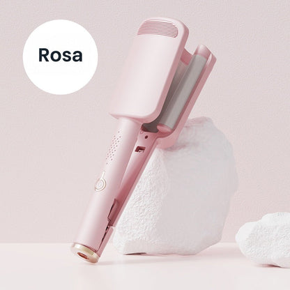 Rosa Wellenstyler mit geöffneten Wellenplatten, schräg an einen weißen Stein gelehnt vor rosa Hintergrund 9