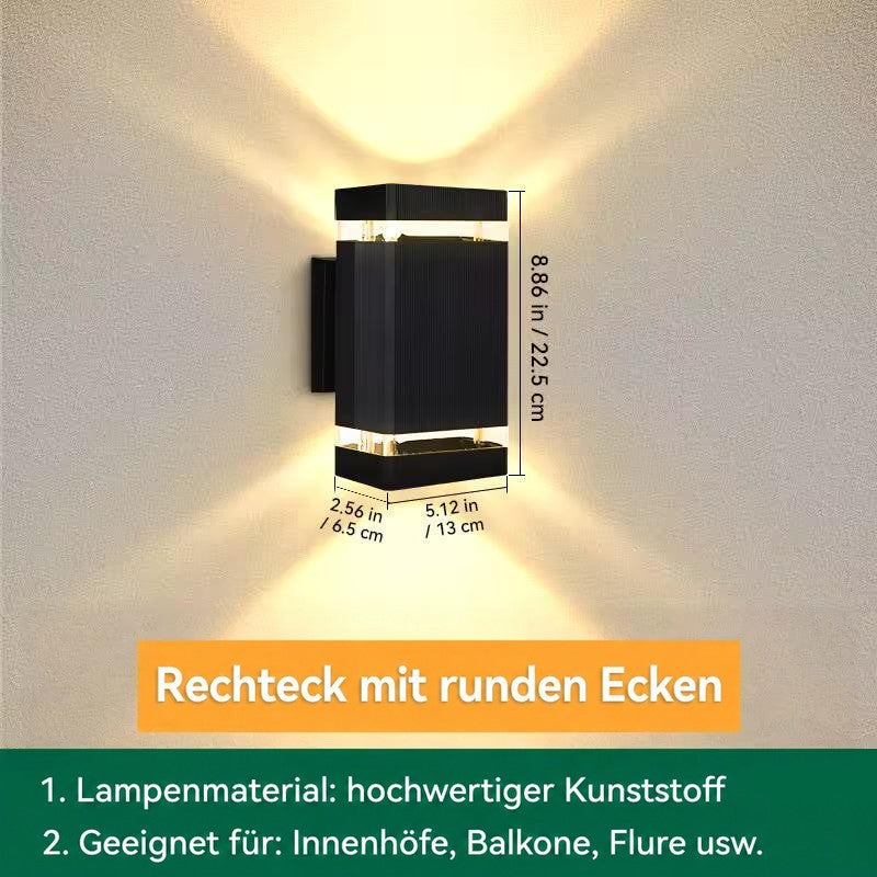 Eckige Wandleuchte mit je einem Lichtband oben und unten, mit Maßangaben zu Höhe, Breite und Tiefe 16