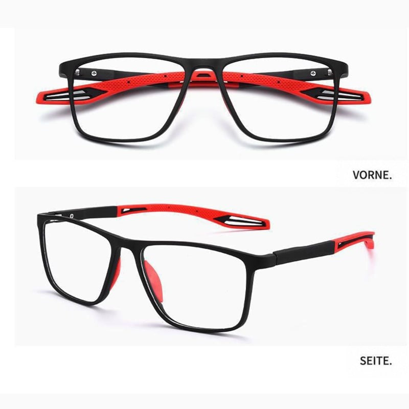 Schwarze Brille mit roten Bügeln und roten Nasenpads, oben Frontansicht, unten Seitenansicht 8