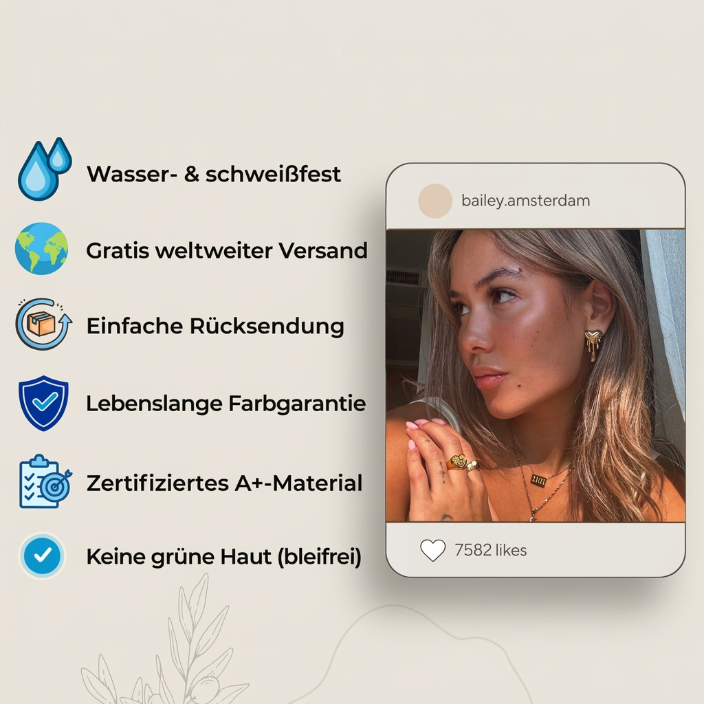 Grafik mit Symbolen zu Produktvorteilen neben einem Social-Media-Beitrag mit Frau, die goldenen Schmuck trägt 4