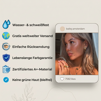 Grafik mit Symbolen zu Produktvorteilen neben einem Social-Media-Beitrag mit Frau, die goldenen Schmuck trägt 4