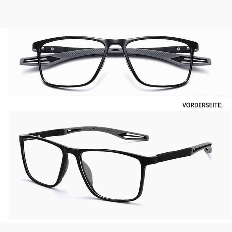 Schwarze Brille mit grauen Bügelenden, oben von vorn, unten schräg von der Seite 6