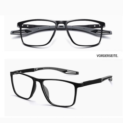 Schwarze Brille mit grauen Bügelenden, oben von vorn, unten schräg von der Seite 6