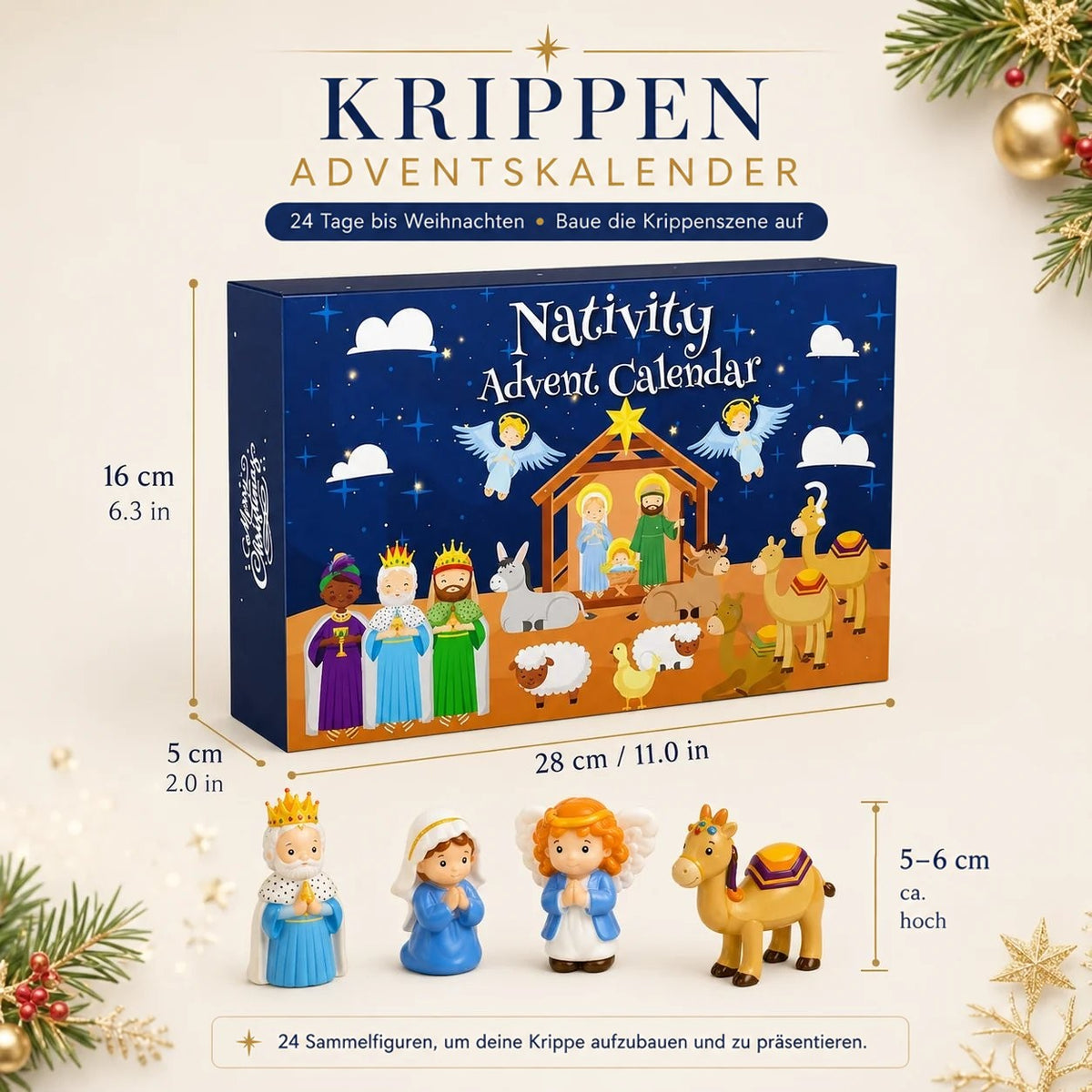 Schachtel mit Maßangaben und vier Beispielfiguren: König, Maria, Engel und Kamel 7