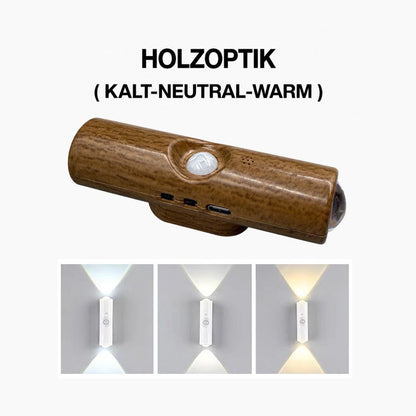 Wandleuchte in Holzoptik mit Sensor und Anschlüssen, darunter drei Weißlicht-Stufen an der Wand 5