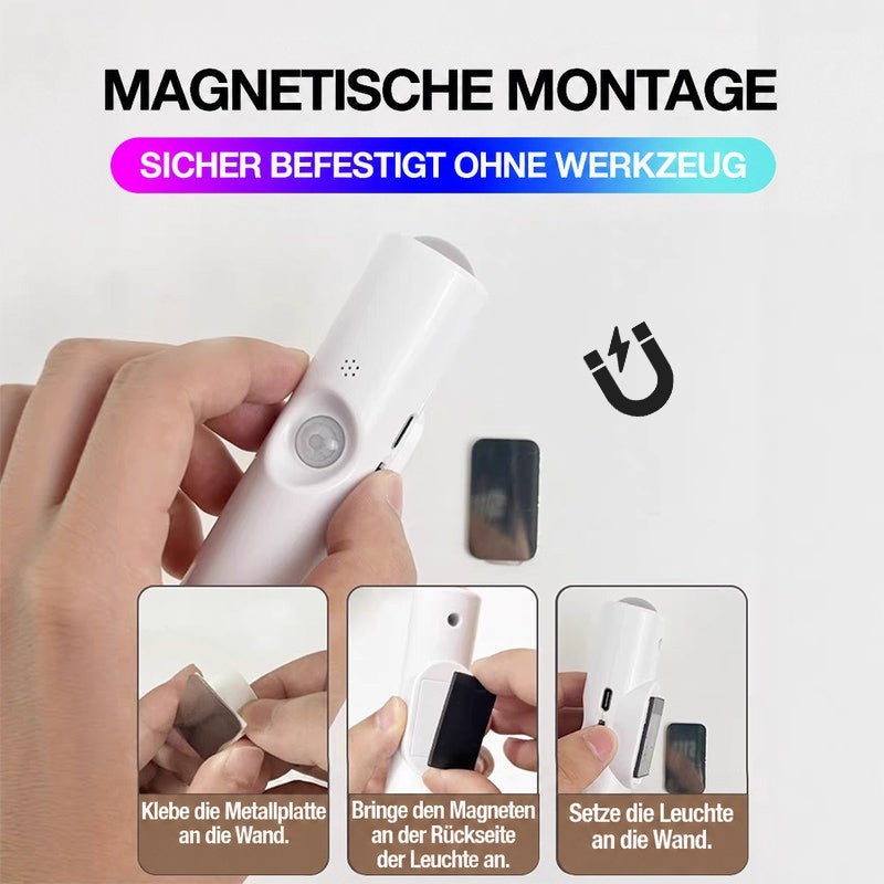 Montage in drei Schritten: Metallplatte an die Wand kleben, Magnet an der Rückseite anbringen, Leuchte aufsetzen 11