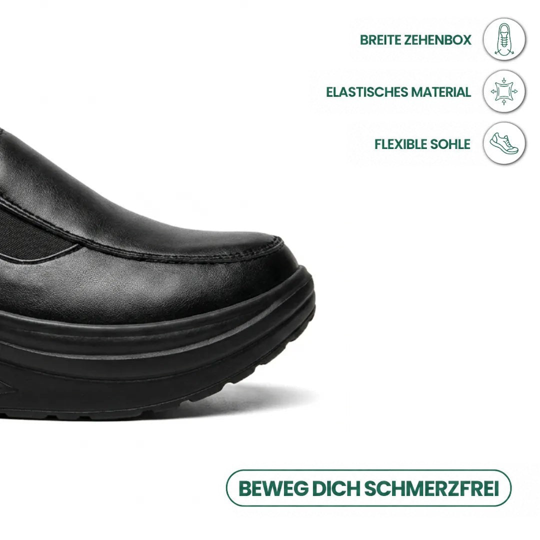 Schwarze Schuhspitze im Detail mit Gummizug, daneben Symbole zu breiter Spitze und flexibler Sohle 5