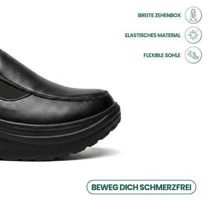 Schwarze Schuhspitze im Detail mit Gummizug, daneben Symbole zu breiter Spitze und flexibler Sohle 5