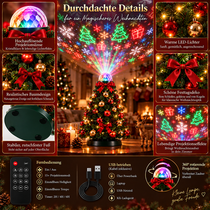 Detailansicht mit Projektionslinse, Tannenbaum-Dekoration, rutschfestem Boden, Fernbedienung, USB-Kabel und 6